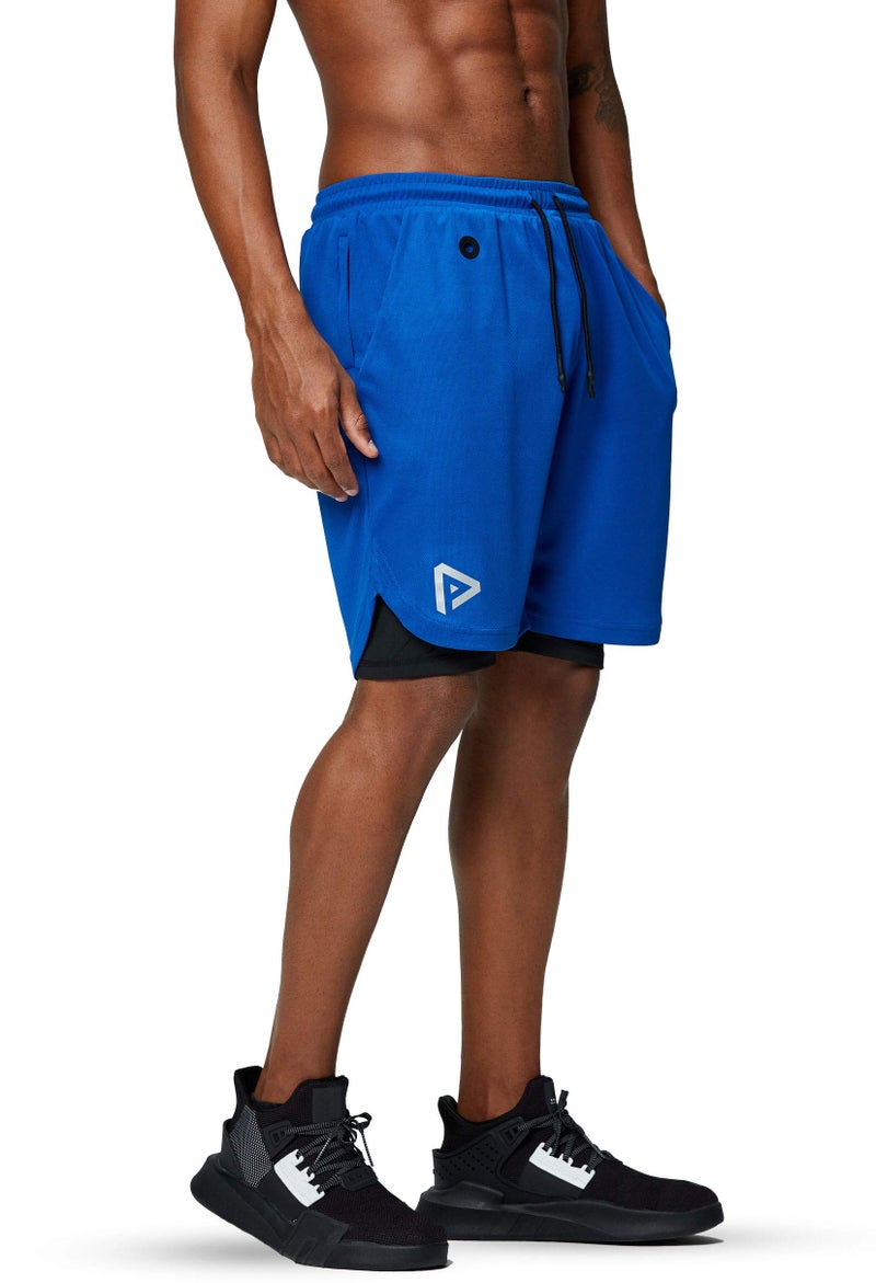 Pinkbomb Men's 2 in 1 Running Shorts Gym Workout Quick Dry Mens Shorts with Phone Pocket (Blue, Large) - Image 4